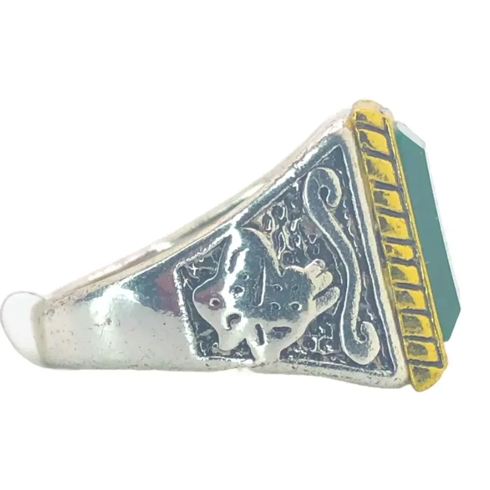 Silver and Gold Boho Ring with Green Stone - Size 8.5